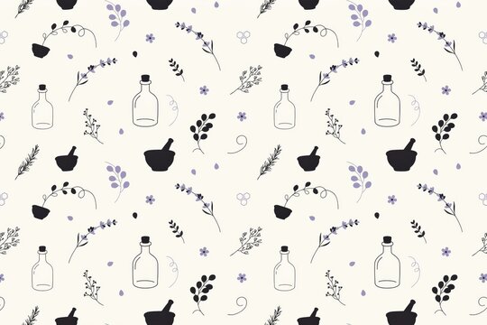 Seamless pattern of apothecary including glass bottles, mortars, pestles, lavender sprigs, and small flowers on a light cream background