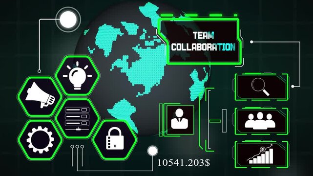 Team collaboration coordination screen showing interactive work loops, abstract cyber globe background for agile work vlogs