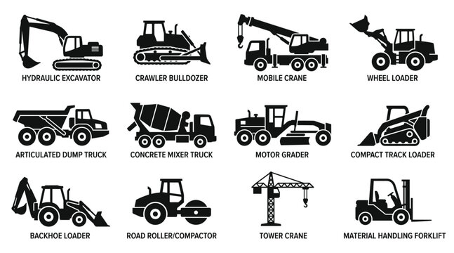 Set of heavy construction vehicle icons featuring various industrial earthmoving machines.