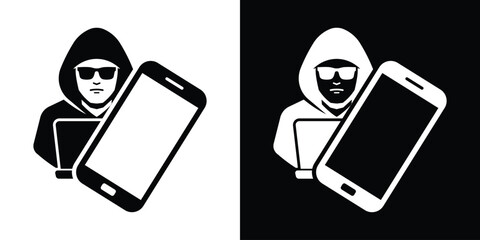 Cyber criminal hacking smartphone database. Hooded hacker character with laptop compromising a mobile phone vector icon. © bibin