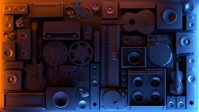 Dark flat lay of musical instruments and audio speakers with contrast orange and blue neon lighting. Creative technology concept background for music studio template wallpaper. 3d render