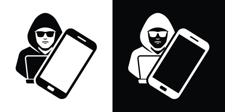 Cyber criminal hacking smartphone database. Hooded hacker character with laptop compromising a mobile phone vector icon.
