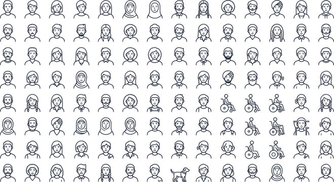 Diverse group of people icons with various professions and abilities in a flat vector style