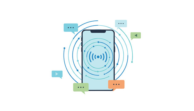 Smartphone displaying central network connection nodes, surrounded by colorful floating speech bubbles, digital connectivity technology theme.