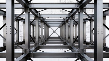 Naklejka premium Abstract Industrial Steel Framework Background, Geometric Metal Structure Pattern and Structural Engineering Architecture