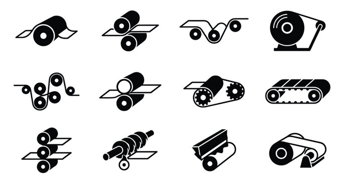 Industrial paper production and metal rolling machine icons for manufacturing and factory.