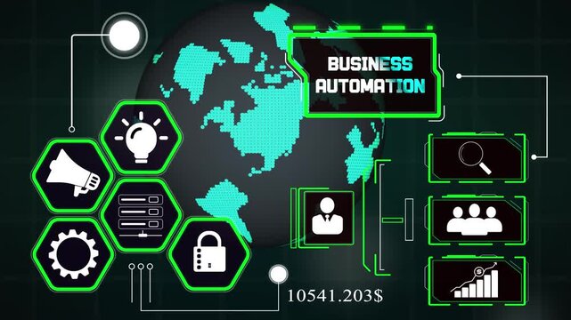Business automation hub tracking multinational company process links, abstract cyber earth grid for workflow optimization videos