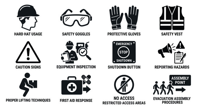 Set safety equipment, signs and procedures icons, industrial protection for workers.