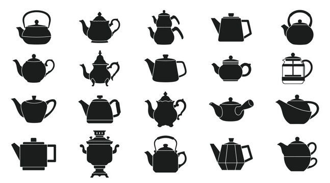 Collection of teapot silhouettes for brewing hot beverages tea and coffee.
