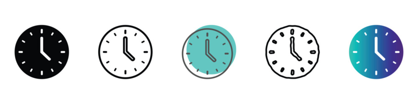 Collection of five different clock icons representing time and scheduling