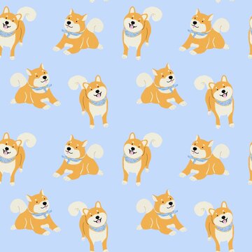Cute Shiba Inu dog seamless pattern hand drawn digital paper background