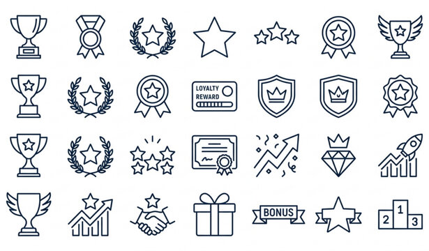 Reward and achievement outline icon collection with loyalty and bonus symbols