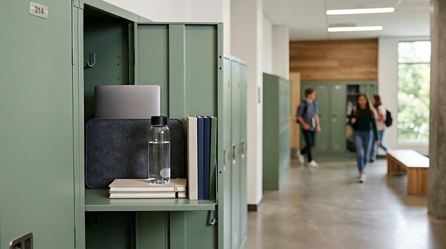 Open green school locker with books, laptop, and water bottle inside, students walking in hallway