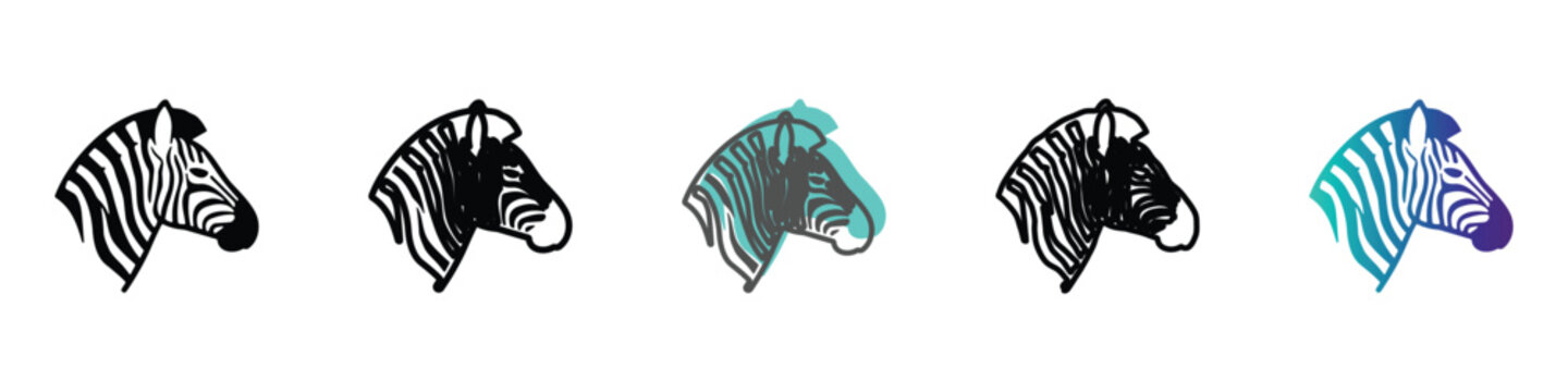 Stylized zebra head illustrations in various artistic styles and colors