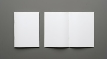 Fototapeta premium Blank brochure, booklet, catalog, magazine, or zine mockup on a gray background, top view, showing a closed cover and an open spread