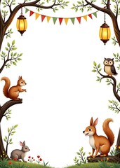 Fototapeta premium Forest animals celebrate with lanterns and colorful flags hanging from trees.