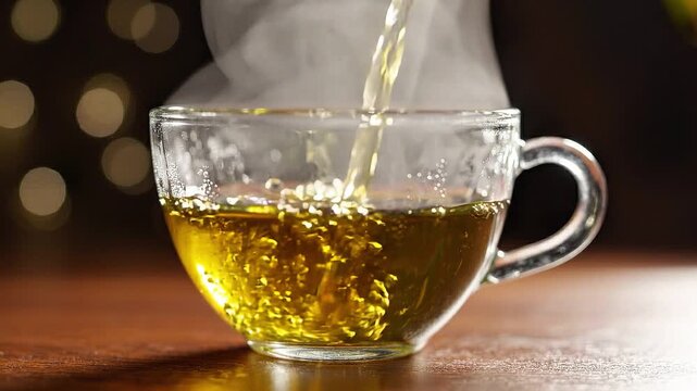 Steaming hot herbal tea poured into a clear glass cup, showcasing golden liquid and aromatic vapor against a moody dark background for a cozy atmosphere