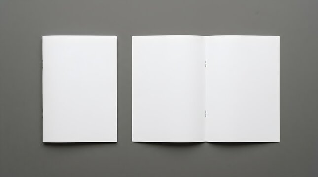 Blank brochure, booklet, catalog, magazine, or zine mockup on a gray background, top view, showing a closed cover and an open spread