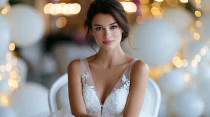 Fototapeta premium Young bride in a wedding dress seated in a chair within a luxurious balloon-filled interior, charming brunette bridal style, defocused festive interior in background, wedding