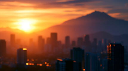 Obraz premium Urban city skyline at sunset with a dramatic mountain silhouette and vibrant golden sky, warm atmospheric evening, defocused city buildings in foreground, city sunset concept