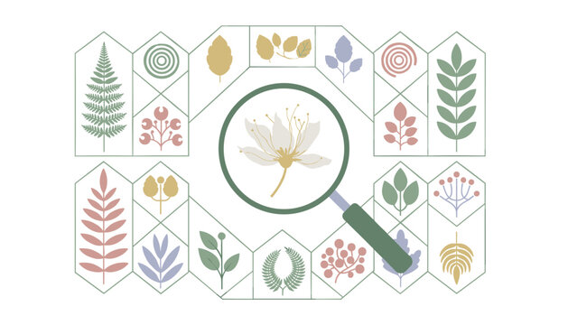 Magnifying glass focused on a central white flower surrounded by hexagonal tiles containing various leaf and plant icons for botanical research or nature study.