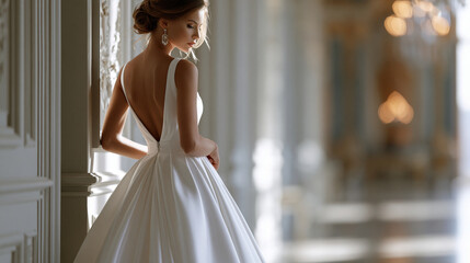 Naklejka premium Bride dancing in her wedding dress against classic wall moldings, elegant architectural backdrop, defocused ornate interior in background, wedding portrait concept photography,