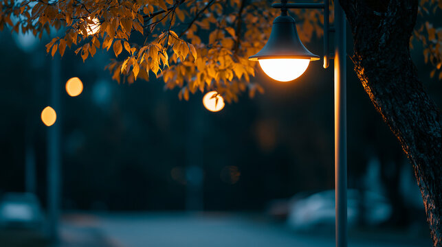 Single streetlight casting warm light on autumn trees along a dark quiet night street, solitary peaceful mood, defocused dark street environment in background, night street
