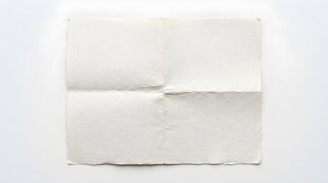 A sheet of textured handmade paper folded into quarters, creating a crossshaped crease pattern, isolated on white background
