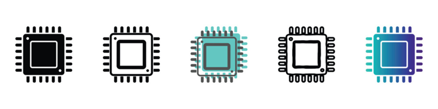 Set of diverse microchip icons representing central processing units and technology