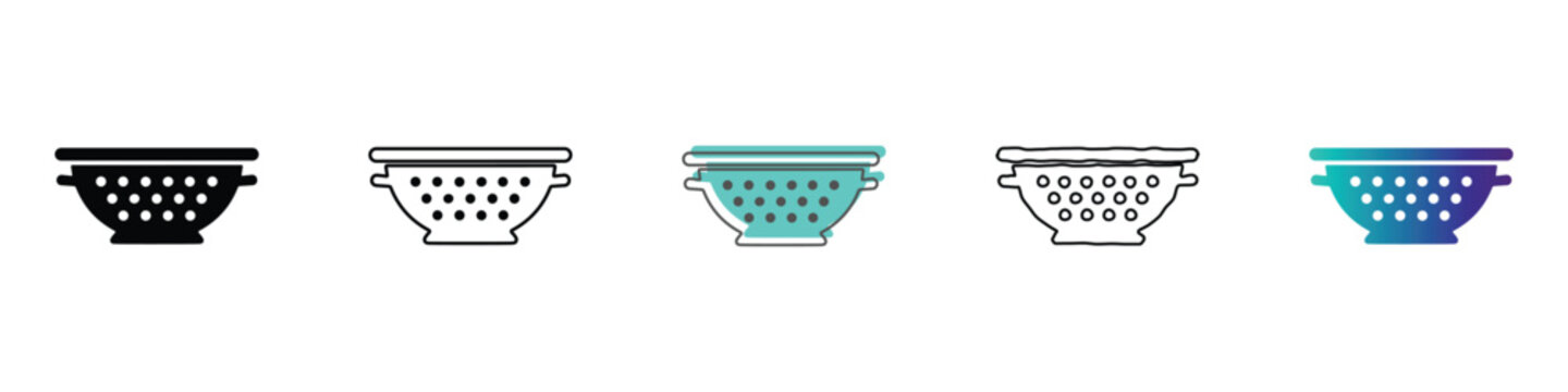 Collection of colander icons in various styles and colors for kitchen use