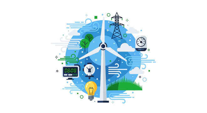 Sustainable Wind Energy Concept with Turbine, Power Grid, and Green Technology Icons for Clean Electricity and Environmental Conservation Illustration