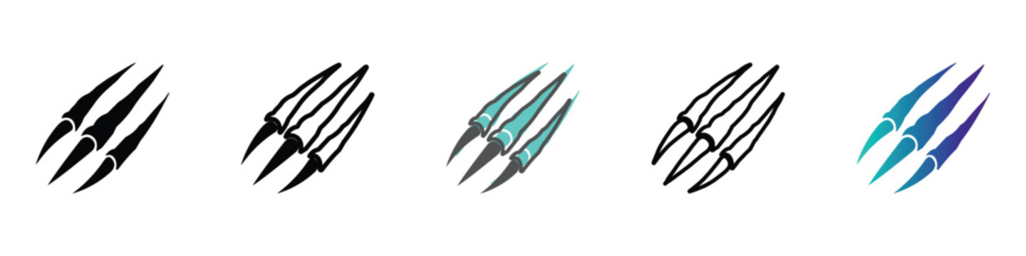 Set of stylized claw marks icons in black, outline, teal, and gradient blue purple
