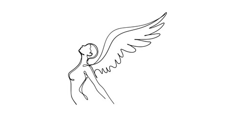 Fototapeta premium Continuous single line drawing of a woman with angel wings looking up towards the sky in a minimalist artistic style
