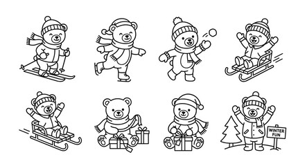 Fototapeta premium Outline cute bear winter activities vector icon collection with seasonal characters isolated on white
