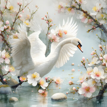 Swan spreads wings near cherry blossom trees in a serene lake setting during springtime Generative AI