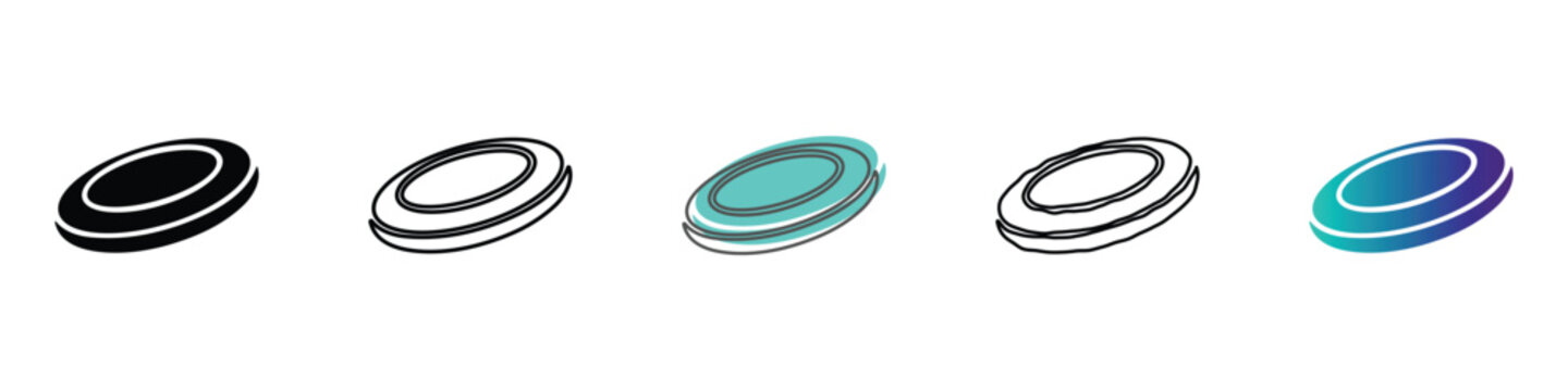 Collection of five different frisbee icons in various styles and colors