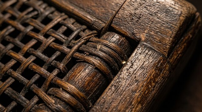 Close-up macro shot of dark brown woven rattan furniture detail