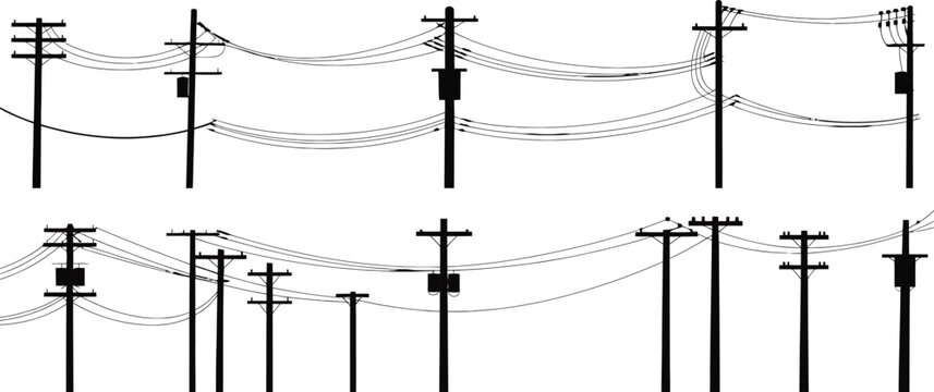 Overhead Power Lines and Utility Poles Against White Background untitled illustration