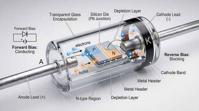 Premium 3D Silicon Diode Cutaway Scientific Visualization PN Junction Rectification Commercial Stock