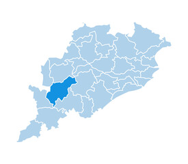 Fototapeta premium Kalahandi district highlighted in blue on Odisha state map with light blue theme