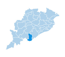 Fototapeta premium Gajapati district highlighted in blue on Odisha state map with light blue theme