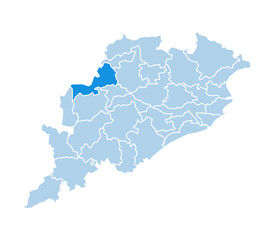 Fototapeta premium Bargarh district highlighted in blue on Odisha state map with light blue theme