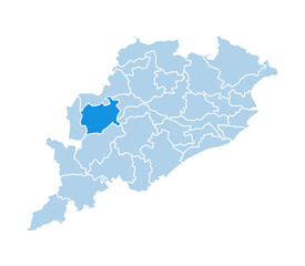 Fototapeta premium Balangir district highlighted in blue on Odisha state map with light blue theme