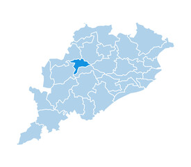 Fototapeta premium Subarnapur district highlighted in blue on Odisha state map with light blue theme