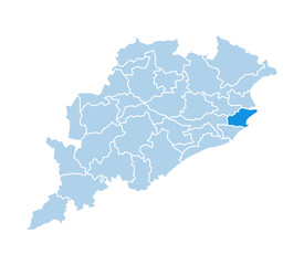 Fototapeta premium Bhadrak district highlighted in blue on Odisha state map