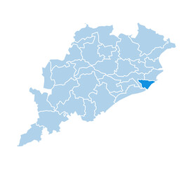 Obraz premium Jagatsinghpur district highlighted in blue on Odisha state map