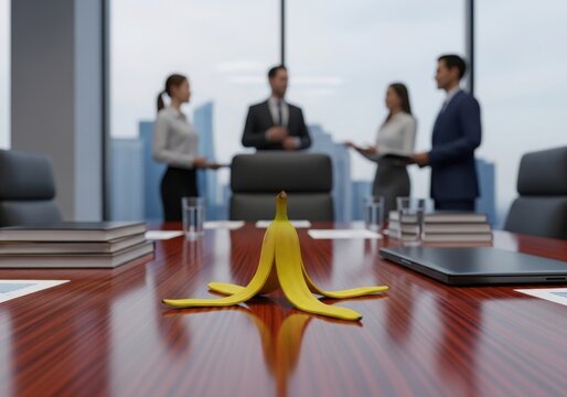 A single banana peel resting on a polished wooden conference table in a modern office boardroom with blurred business professionals in the background