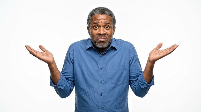 Mature African American Man Shrugging Shoulders with Uncertain Expression