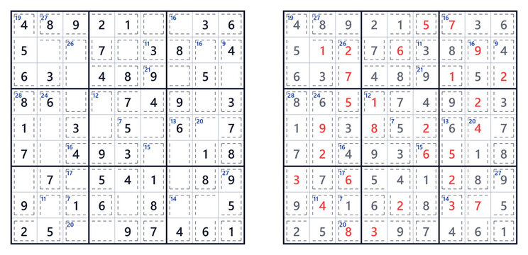 Killer Sudoku puzzle with answers for kids, featuring an easy level grid layout with numbers and highlighted solutions in red on a white background
