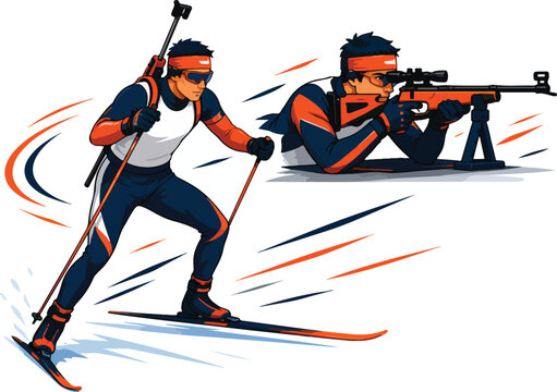 Biathlete skiing and aiming rifle in competition biathlon
